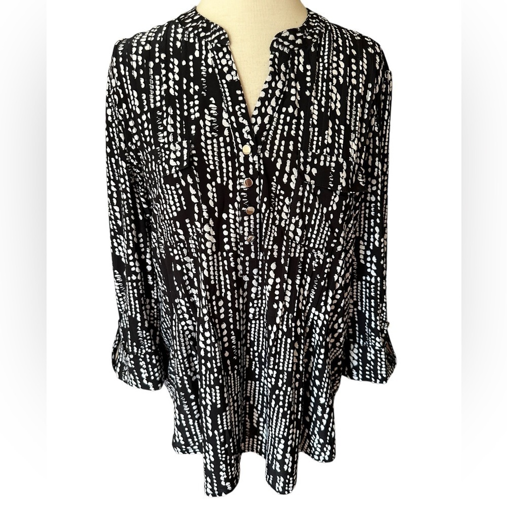 COCOMO XL Black White 3/4 sleeve women’s Pintuck Blouse top tunic shirt